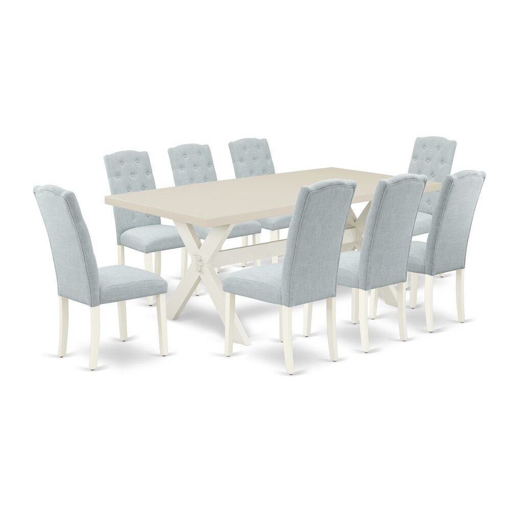 East West Furniture Table Set  a Table with X Legs and Baby Blue Linen Fabric Upholstered Chairs  Off White(Pieces Options)