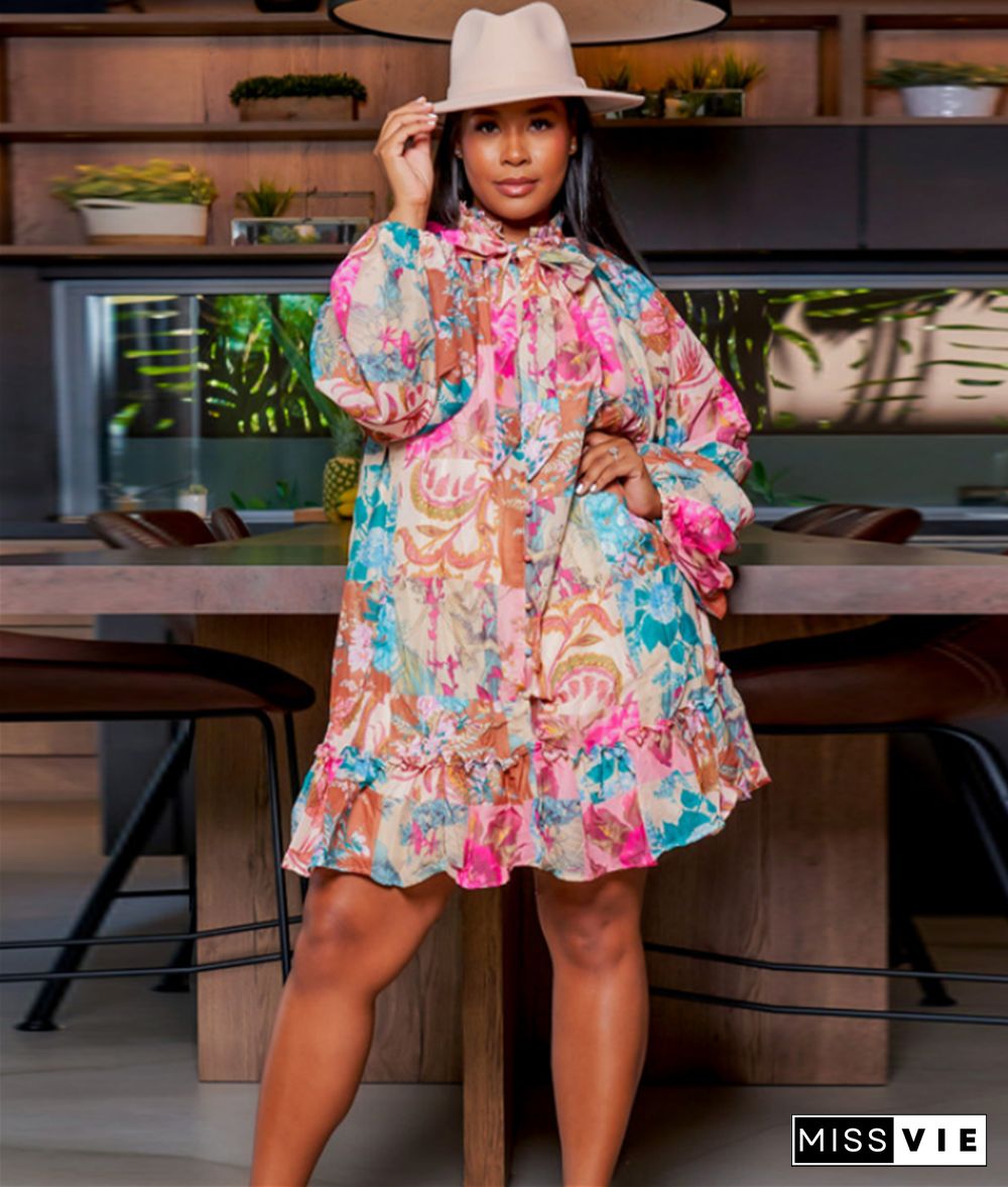 5XL Floral Print Long Sleeve Loose Plus Size Dress