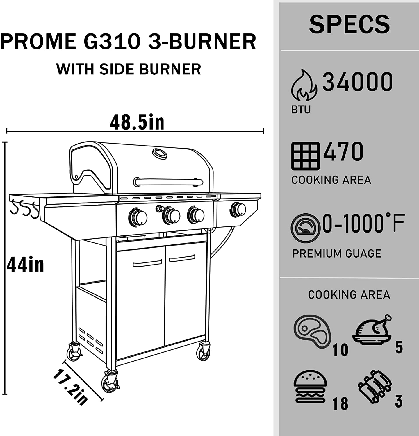 DIMAR GARDEN 3-Burner Propane Gas Grill with Side Burner, Outdoor Cabinet Grill for BBQ, Stainless Steel