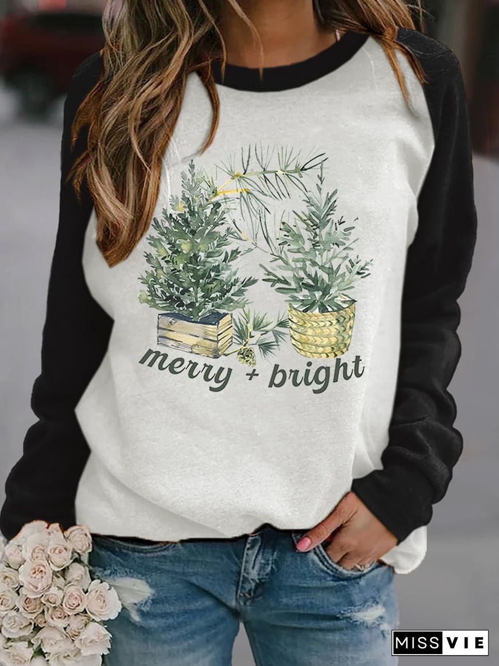 Women's Casual Merry & Bright Print Long Sleeve Sweatshirt