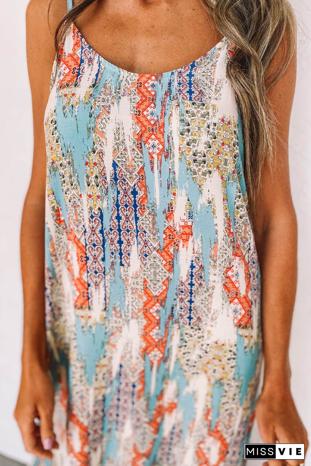 Sky Blue Western Pattern Print Spaghetti Strap Shift Maxi Dress