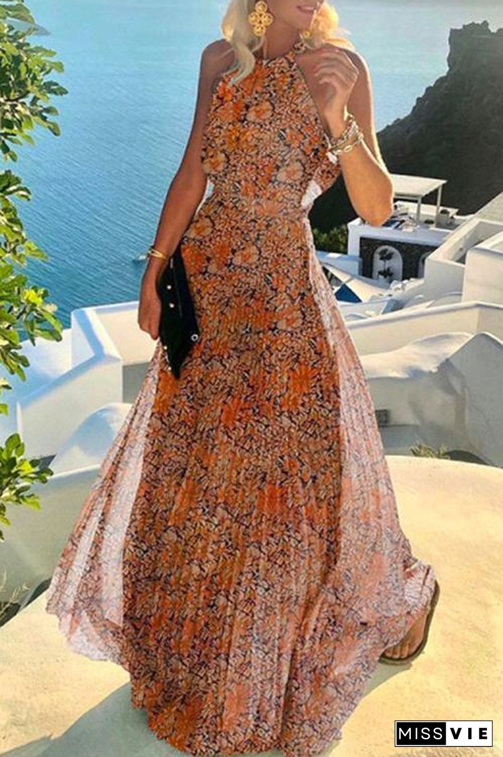 Sleeveless Halter Waisted Printed Flowy Maxi Dress