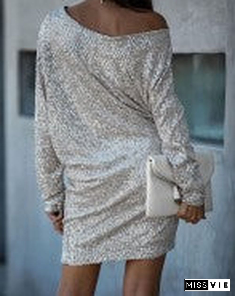 Slash Neck Long Sleeve Sequins Dress