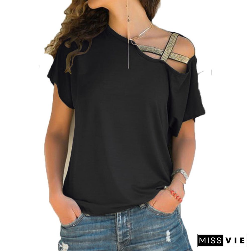 Women's Casual Cross Irregular Short-sleeved T-shirt Blouses