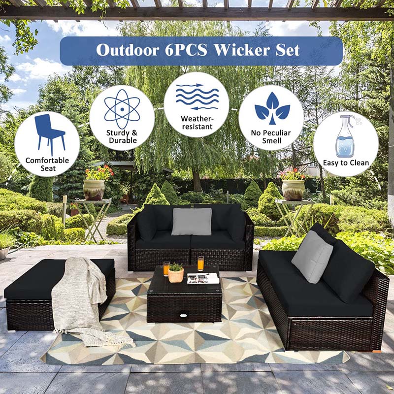 6 Pcs Outdoor Rattan Sectional Sofa Set with Coffee Table & Removable Seat & Back Cushions