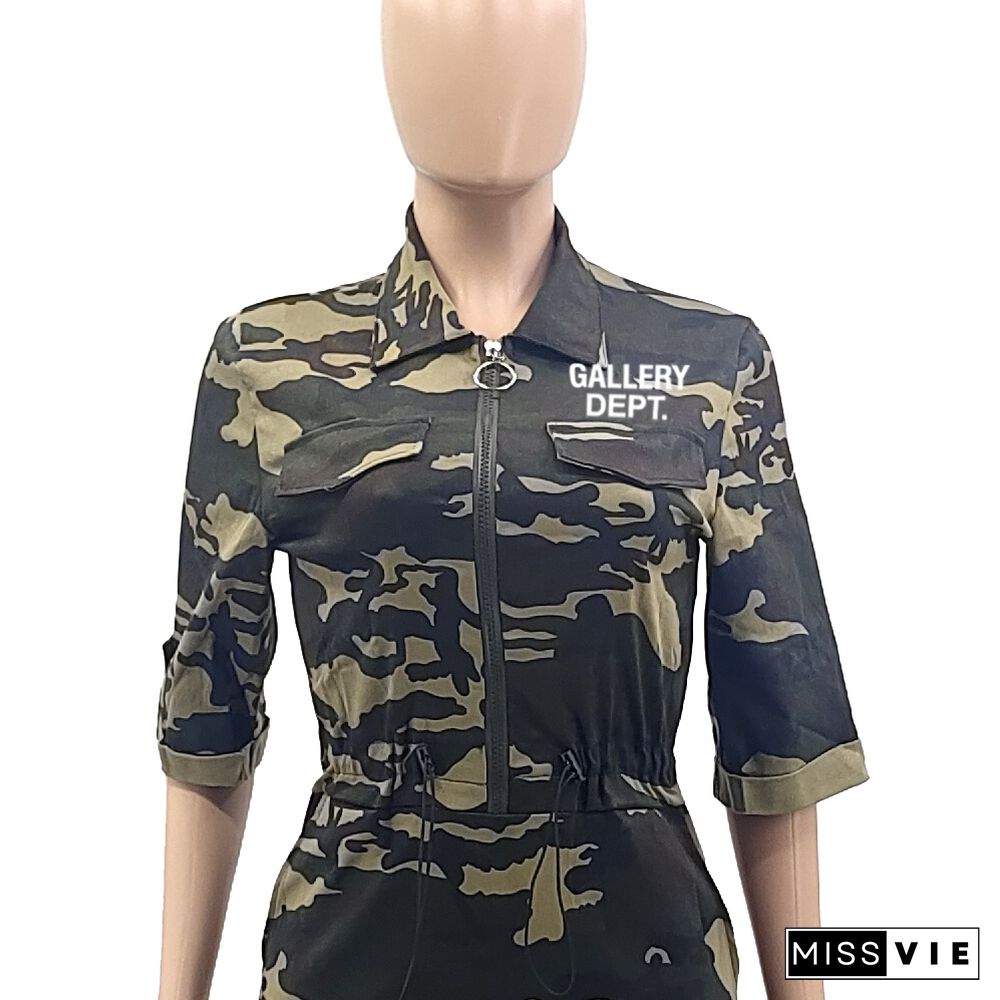 Camo Print Short Sleeve Turn Down Collar Cargo Dresses