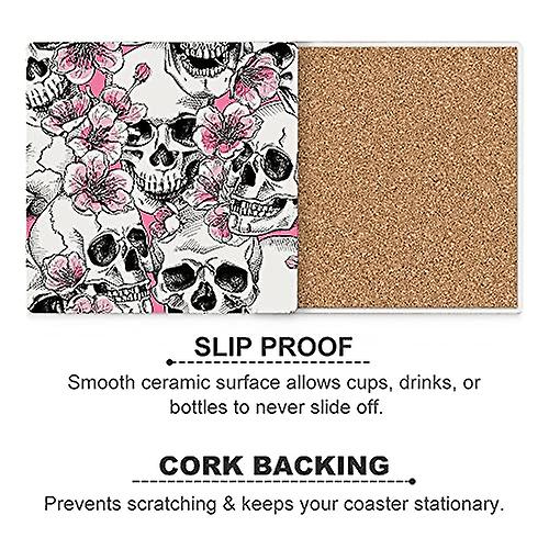 Colourlife Skull Pink Flowers Printed Square Ceramic Coaster For Drinks With Cork Base For Coffee Cups Place Mats For Home Decor Set Of 4 Pieces