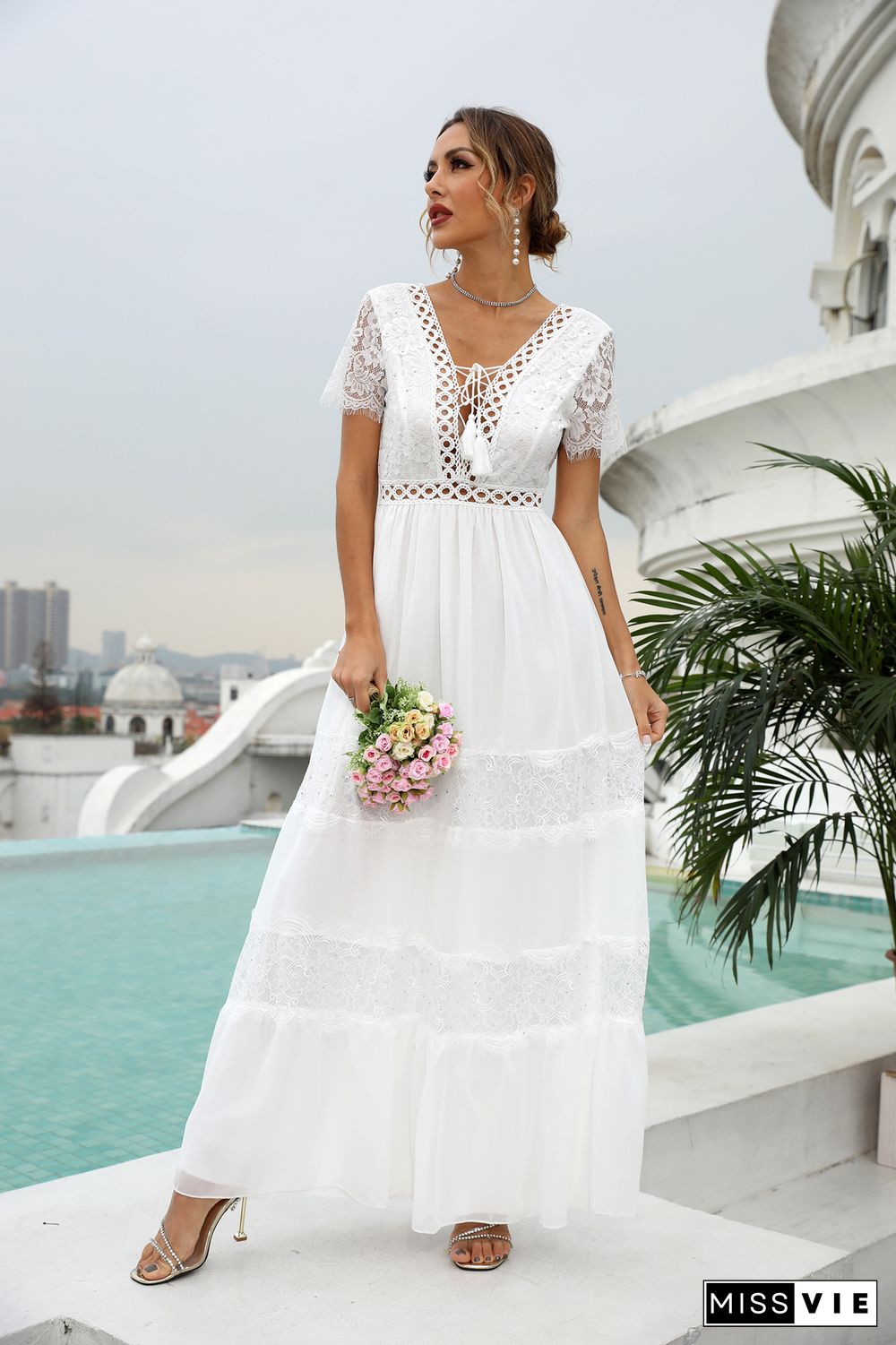 White Lace Crochet Patchwork Tiered Long Dress