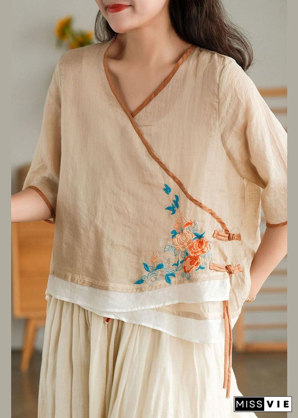 Style Yellow Embroideried Asymmetrical design Ramie Summer Blouses