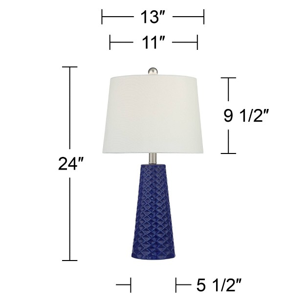 High Set Of 2 Deep Blue Triangle Textured Ceramic White Fabric Tapered Drum Shade For Bedroom Living Room