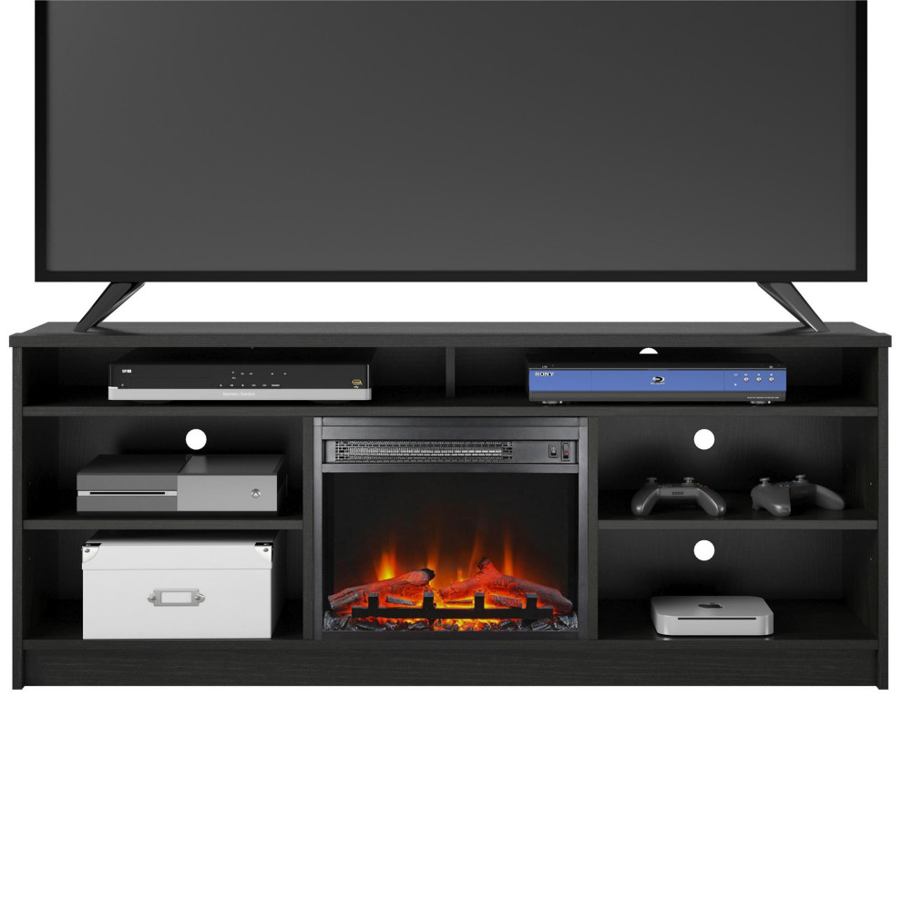 Modern TV Console  Central Fireplace  Multiple Spacious Open Shelves  Black Oak   Transitional   Entertainment Centers And Tv Stands   by Declusia  Houzz