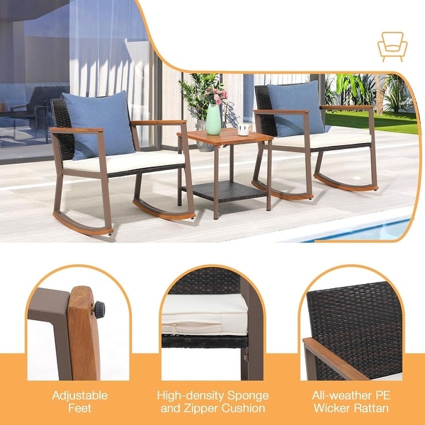 3 Pieces Wicker Rocking Bistro，Weather Rattan Patio Outdoor Furniture Conversation Chair Sets with Coffee Table and Cushions