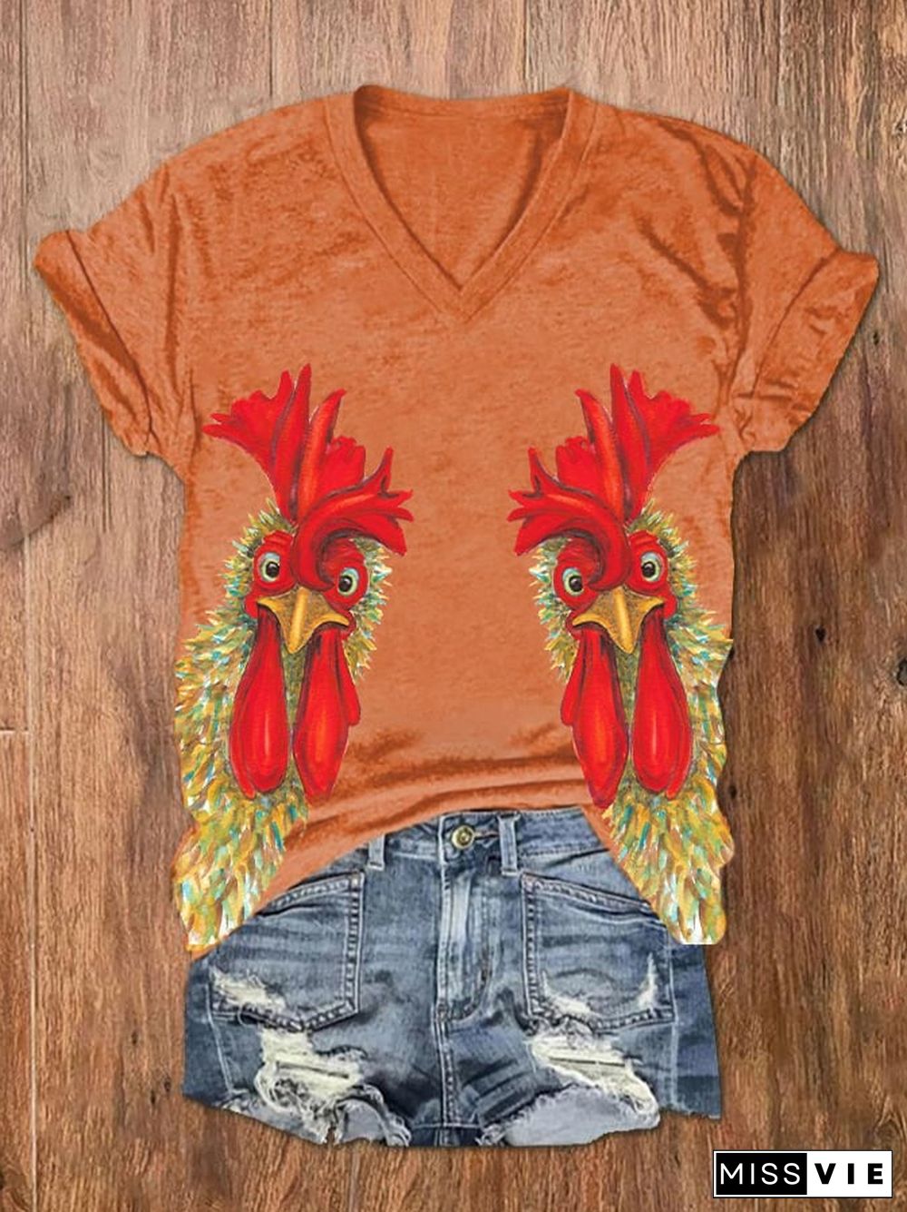 Women's Chicken Print V-Neck Short Sleeve T-Shirt