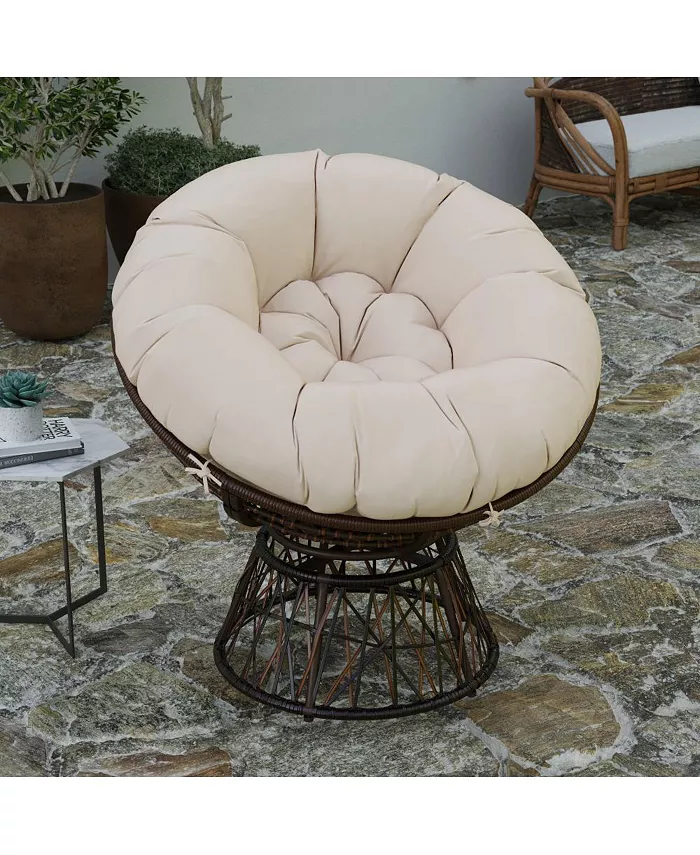 MERRICK LANE Papasan Style Woven Wicker Swivel Patio Chair With Removable All-Weather Cushion