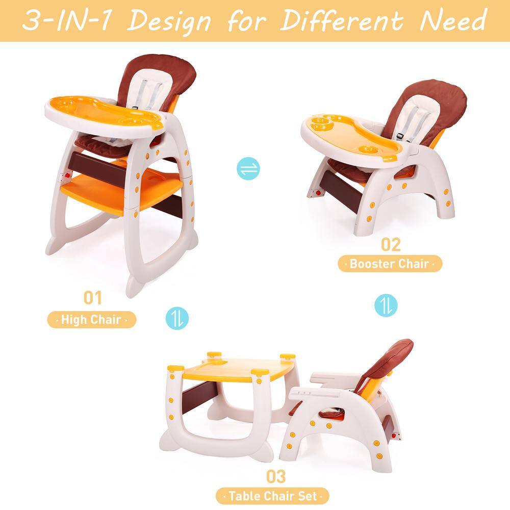 Nyeekoy 3-in-1 Convertible Toddler High Chair Table Baby Booster Seat with Feeding Tray Yellow TH17L0218