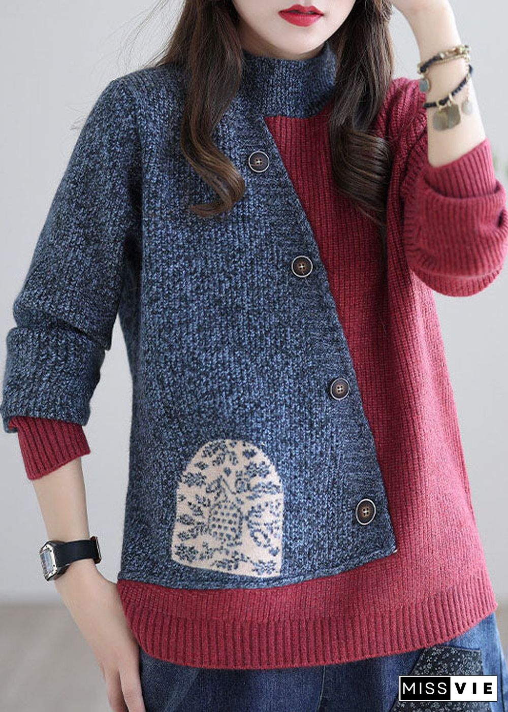 Plus size Red grey Stand Collar Patchwork Knit tops Spring