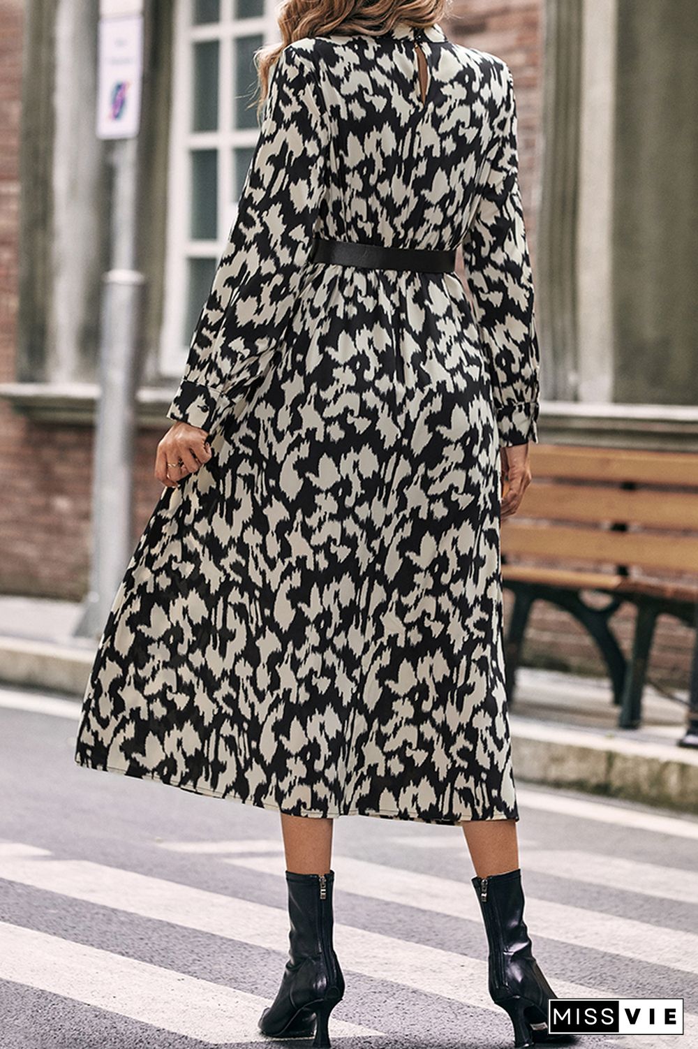 Turtleneck Elastic Waist Printing Midi Dress