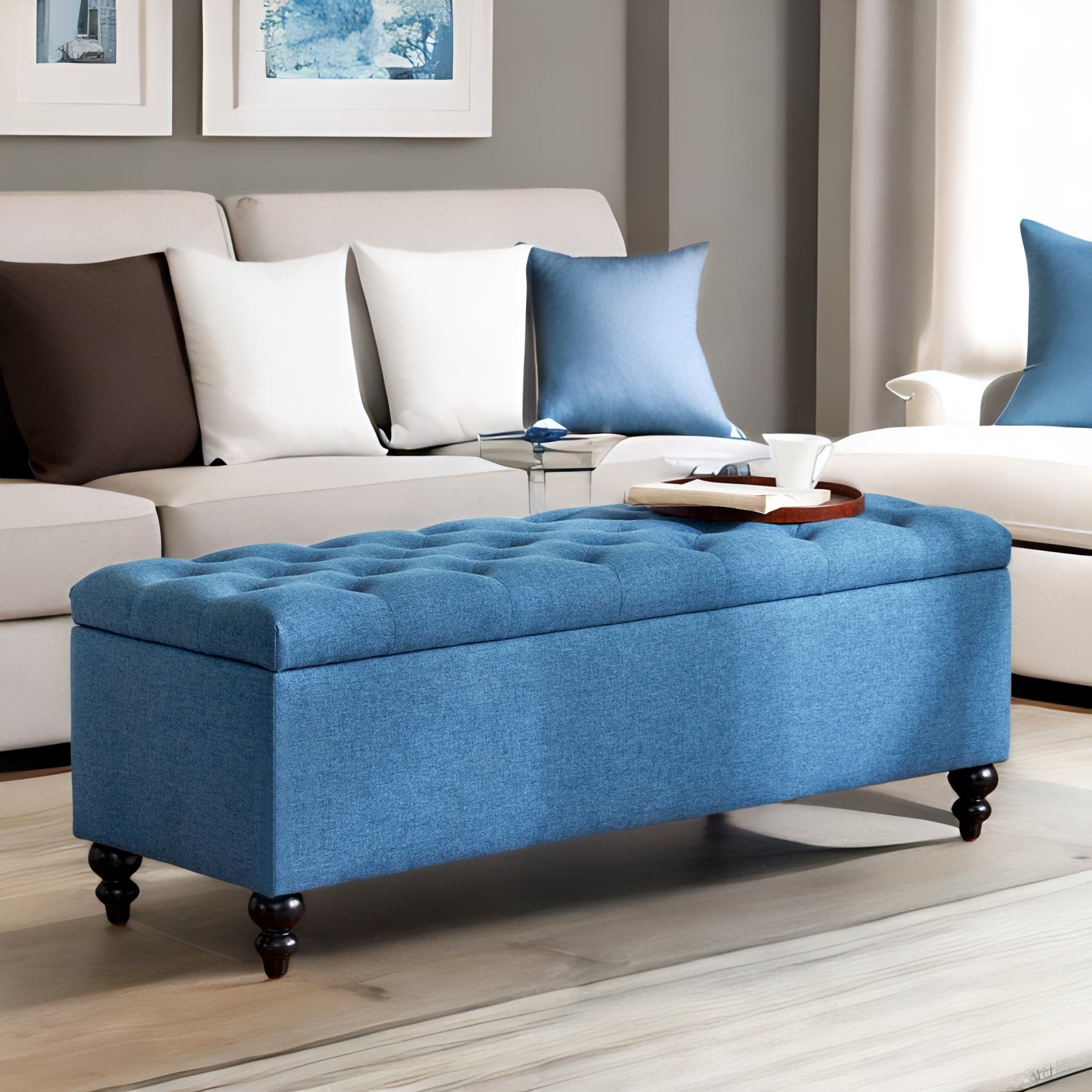 HUIMO Ottoman with Storage, 51-inch Large Storage Bench with Button-Tufted, Bedroom Bench Safety Hinge Ottoman in Upholstered Fabrics for Living Room (Blue)