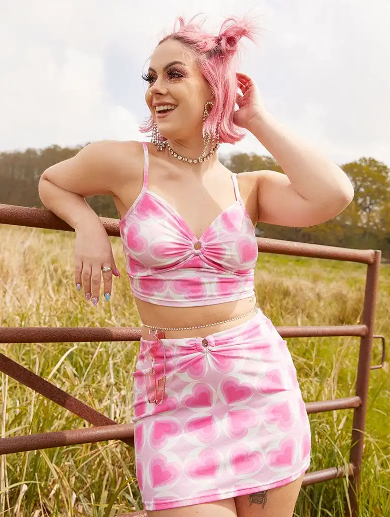 Pink Heart Print Ring Detail Mini Skirt
