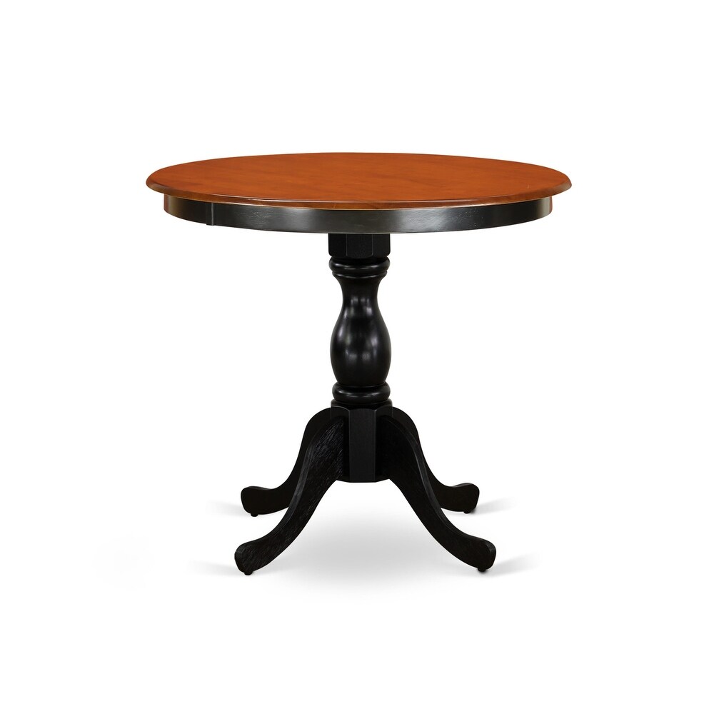 East West Furniture 3 Piece Dining Furniture Set  a Round Dining Table with Pedestal and 2 Wood Seat Chairs  Black   Cherry