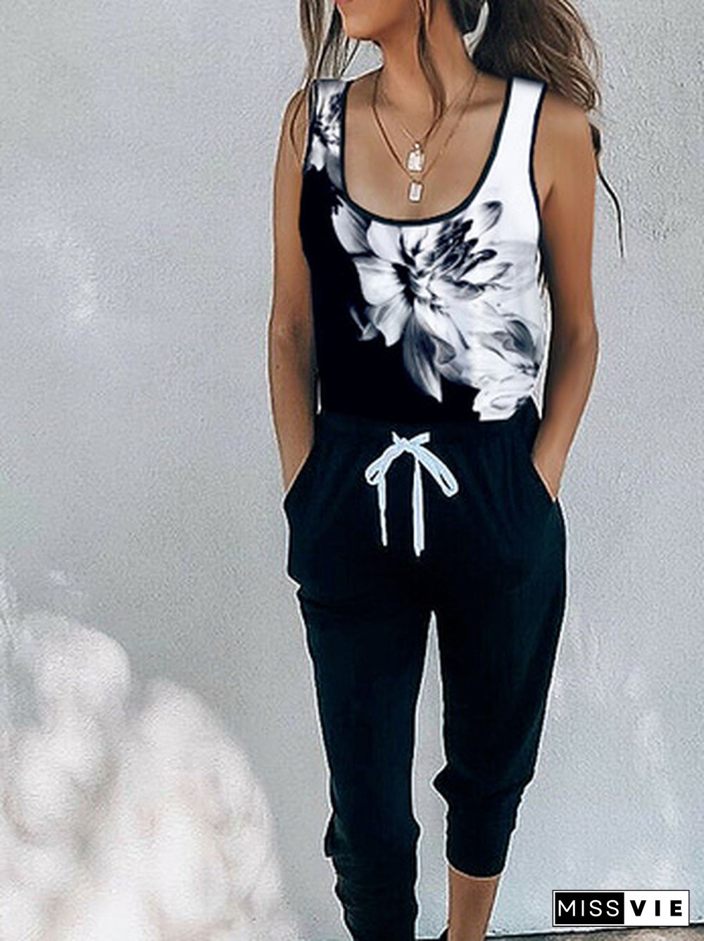 Vacation Floral Color Block Sporty Casual Loosen U-Neck Jumpsuit & Romper