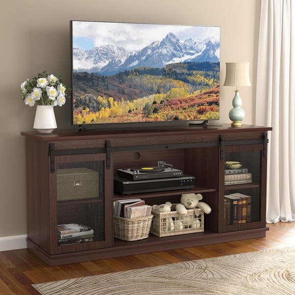 Farmhouse TV Stand up to 65 Inches， Mid Century Modern Entertainment Center with Sliding Barn Doors and Storage Cabinets