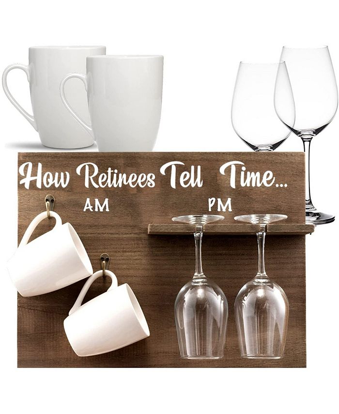 Bezrat How Retirees Tell Time Wall Mounted Wine Rack with Wine Glasses and Coffee Mugs， Set of 5