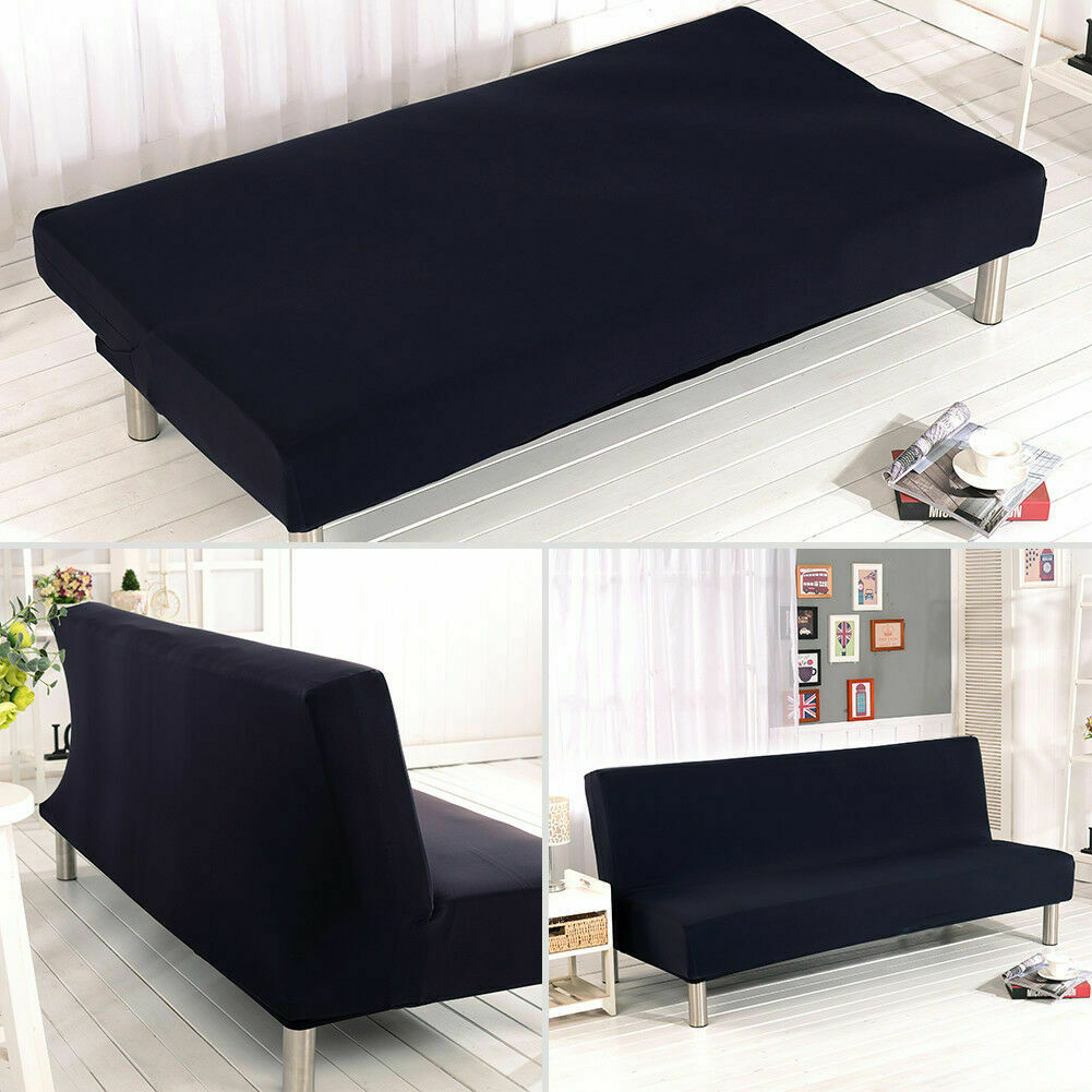 Jian Ya Na Armless Folding Sofa Bed Cover Solid Color Stretch Futon Slipcover Protector Black