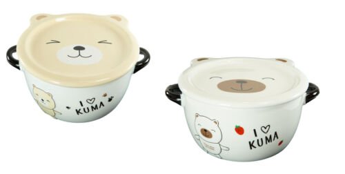 1 Pack Of 2 White And Beige Kuma Bear Porcelain Kids Food Bowls 25Oz W/ Lid Plate EBR02