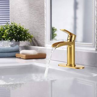 Miscool Single-Handle Single-Hole Bathroom Sink Faucet with Pop-up Drain Assembly Waterfall in Brushed Gold FAMSH10C1970BGL