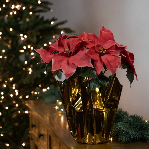 Dark Pink Artificial Christmas Poinsettia With Gold Wrapped Base