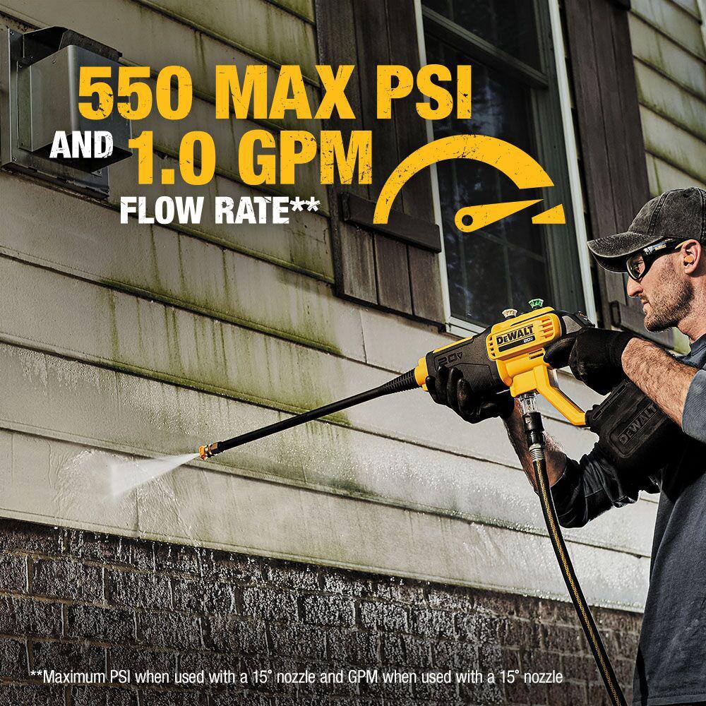 DW 20V MAX 550 PSI 1.0 GPM Cold Water Cordless Electric Power Cleaner with 4 Nozzles (1) 5.0 Ah Battery and Charger DCPW550P1