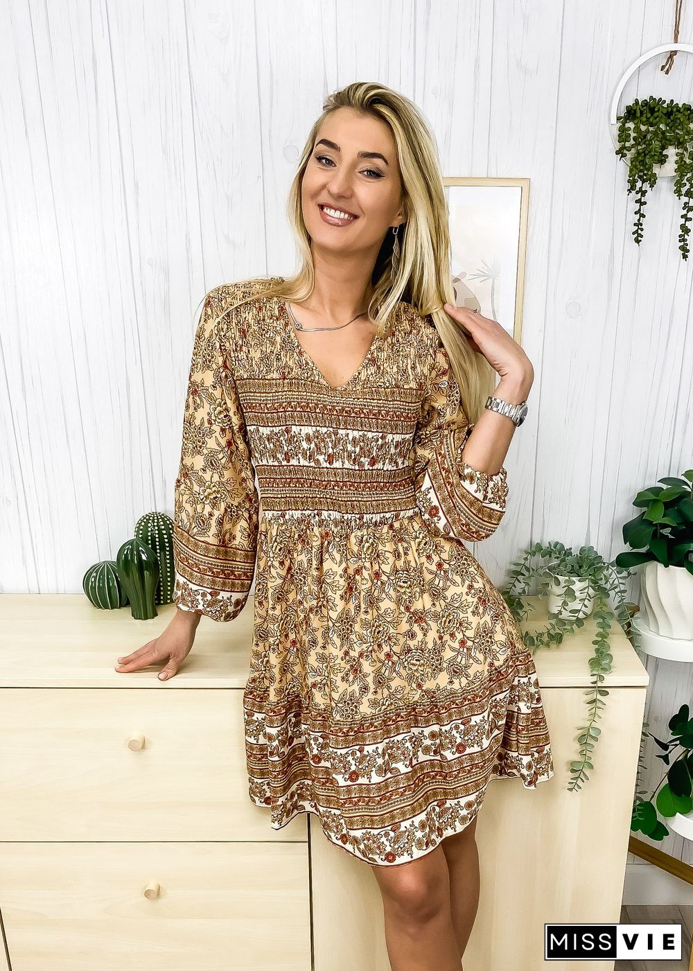 V Neck Bohemian Print Dress