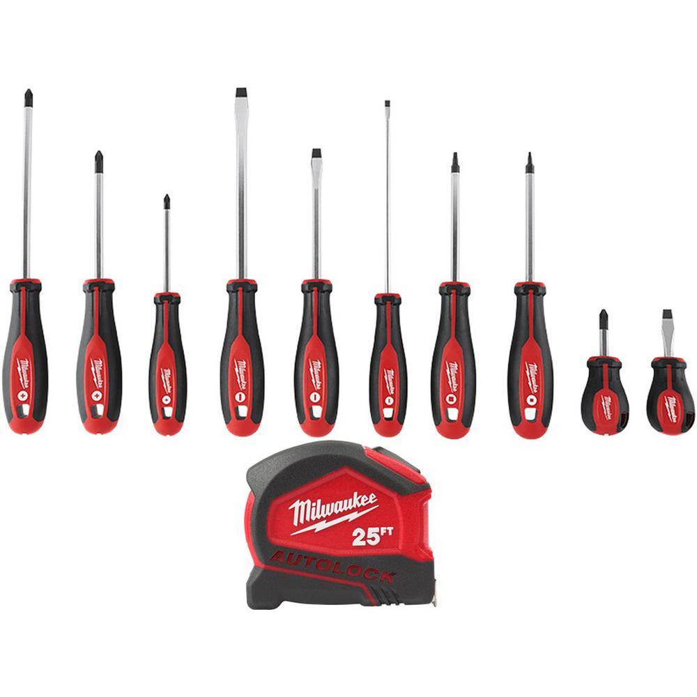 MW Screwdriver Set with 25 ft. Compact Auto Lock Tape Measure (11-Piece) 48-22-2710-48-22-6825