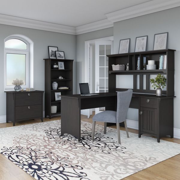 Bush Furniture Salinas 60W L Shaped Desk with Hutch， Lateral File Cabinet and 5 Shelf Bookcase in Vintage Black