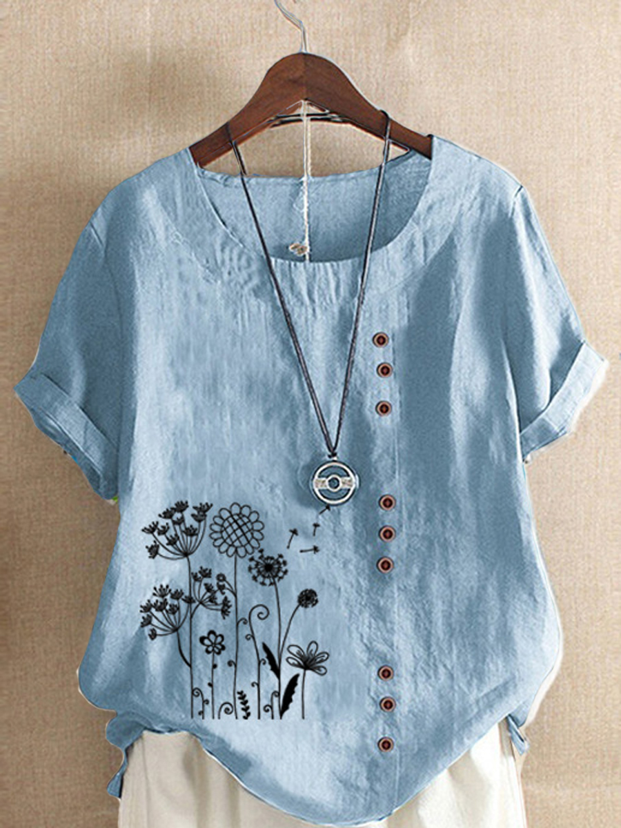 Casual Vintage Floral Print Short Sleeve Blouse