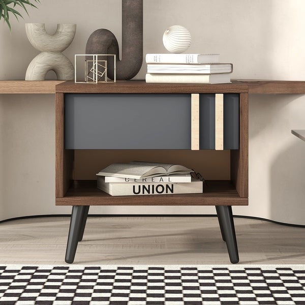 Wooden Nightstand with Usb Charging Ports， End Table for allway， Foyer， Den， Living Room，Gray+Walnut