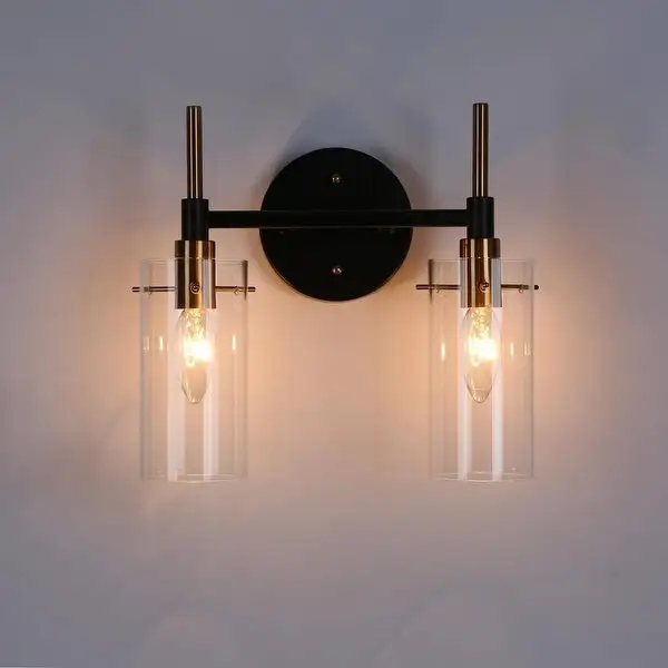 Modern Black Gold Bathroom Vanity Light Dimmable Wall Sconces with Cylinder Glass