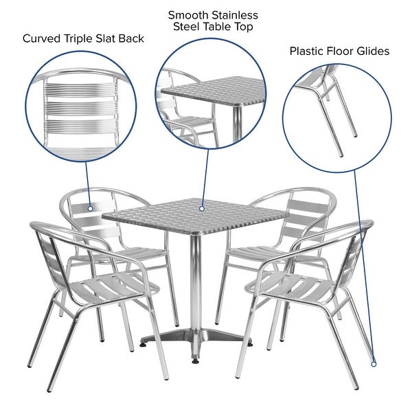 27.5'' Square Aluminum Indoor-Outdoor Table Set with 4 Slat Back Chairs - White - Overstock - 36052860