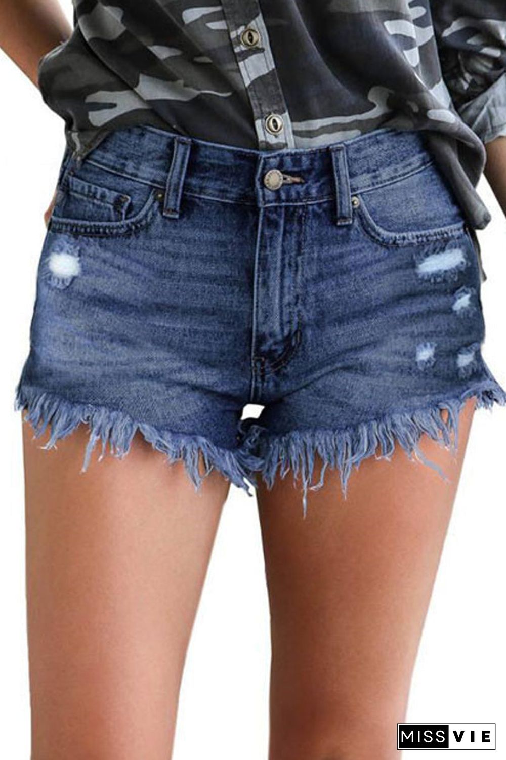 Denim Tassel High Waist Hole Distressed Shorts