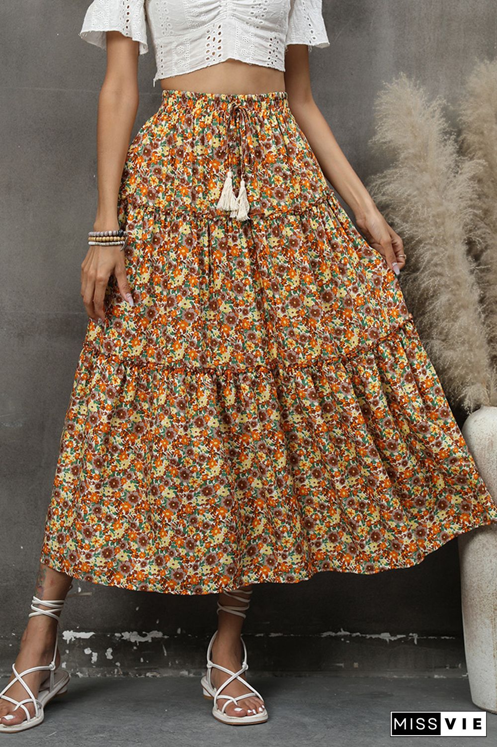 High Waist Draswstring Boho Flower Print Splicing Skirt Dress