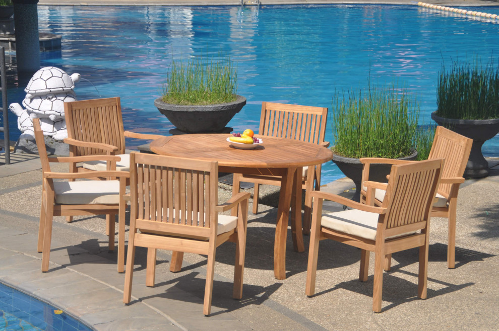 7 Piece Outdoor Teak Dining Set  48 quotRound Table  6 Leveb Stacking Arm Chairs   Transitional   Outdoor Dining Sets   by Teak Deals  Houzz