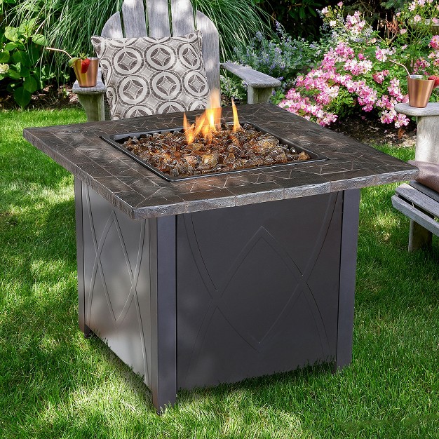 Endless Summer 30 Inch Square 30 000 Btu Lp Gas Outdoor Fire Pit Table With Handcrafted Mantel Fire Rocks And Protective Cover Black