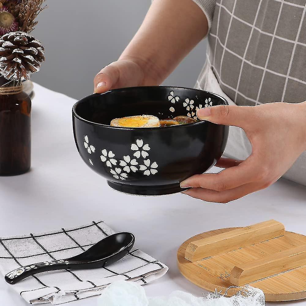 Ramen Bowl Set， Japanese Ramen Noodle Bowls With Lid Spoon， Large Ceramic Soup Bowl， Black Hand Drawn Rice Bowl Retro Tableware Noodle Bowl 6.5 Inch-p