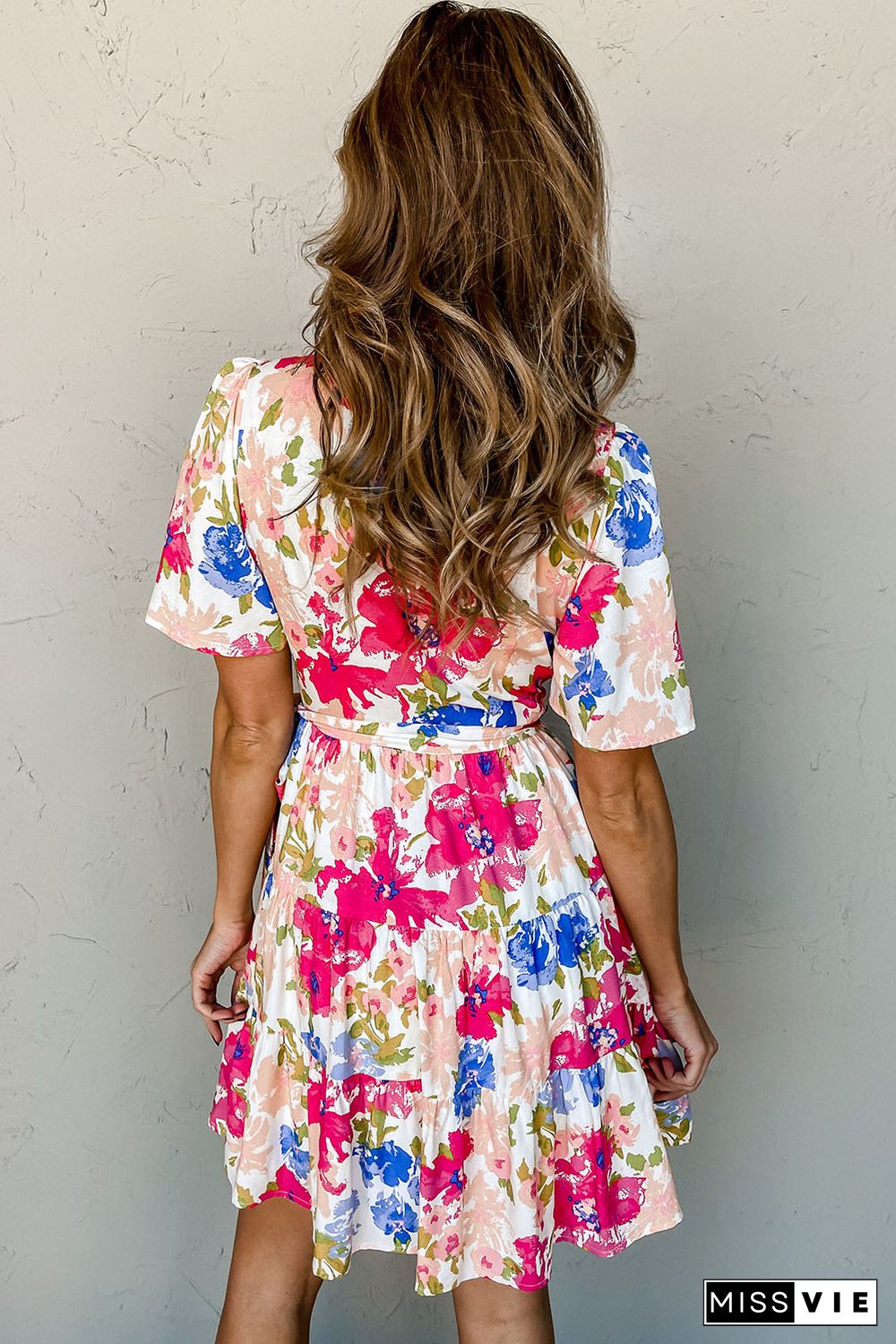 Multicolor Sweet Floral Wrap V Neck Skater Dress