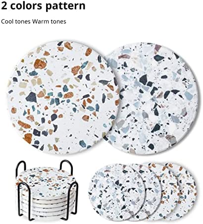 LIFVER Coasters for Drinks， Absorbent Coasters with Holder Set of 6， Avoid Furniture Being Scratched and Soiled， Housewarming Gift for Home Decor， 4 inches -2 Terrazzo Pattern