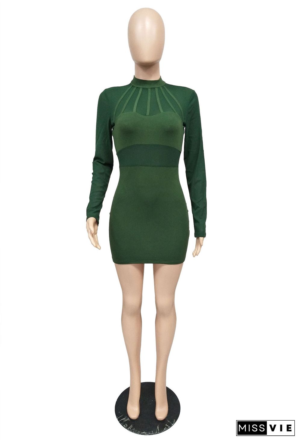 Elegant Mesh Gauze Stitching Long Sleeve Bag Hip Bodycon Dress