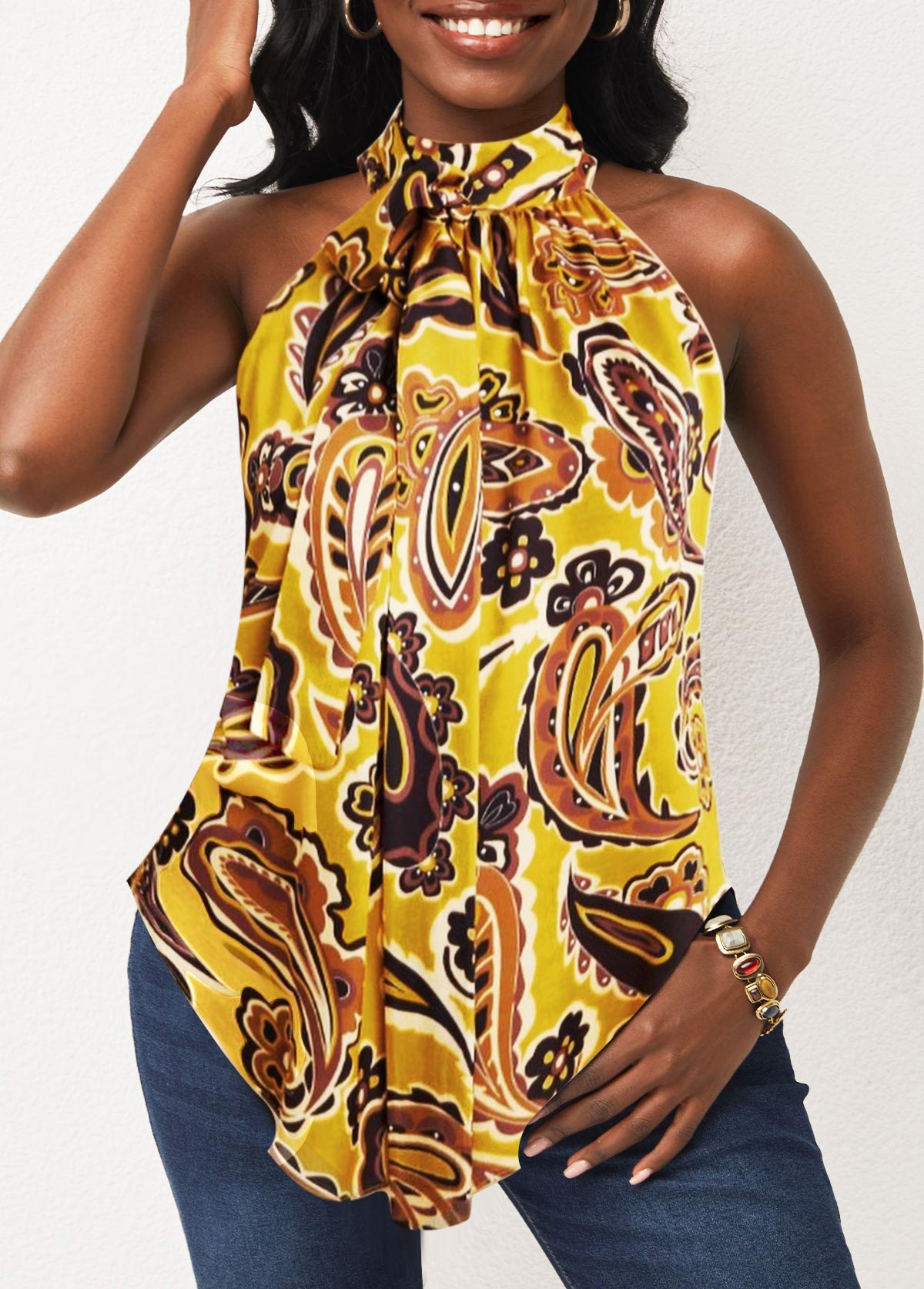 Bib Neck Floral Print Yellow Tank Top