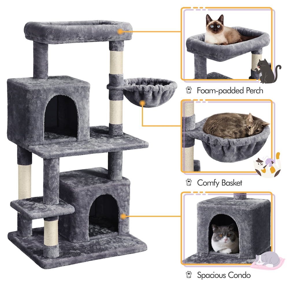 Topeakmart 46.5in Multilevel Cat Tree Condo Scratching Post Tower with Basket， Dark Gray