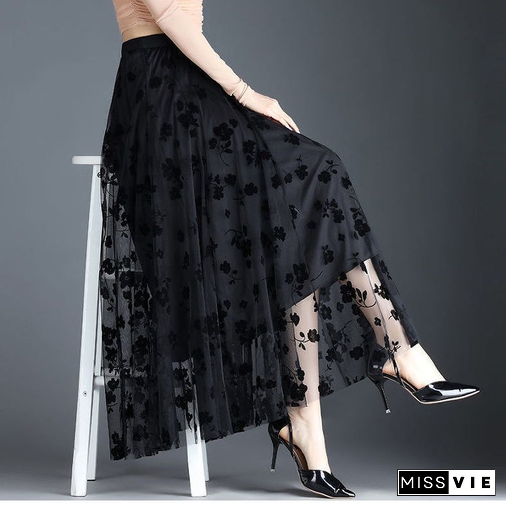 Wome Lace Long Skirt High Waist Tulle Skirts Ladies Summer Casual Loose Elegant Maxi Skirts